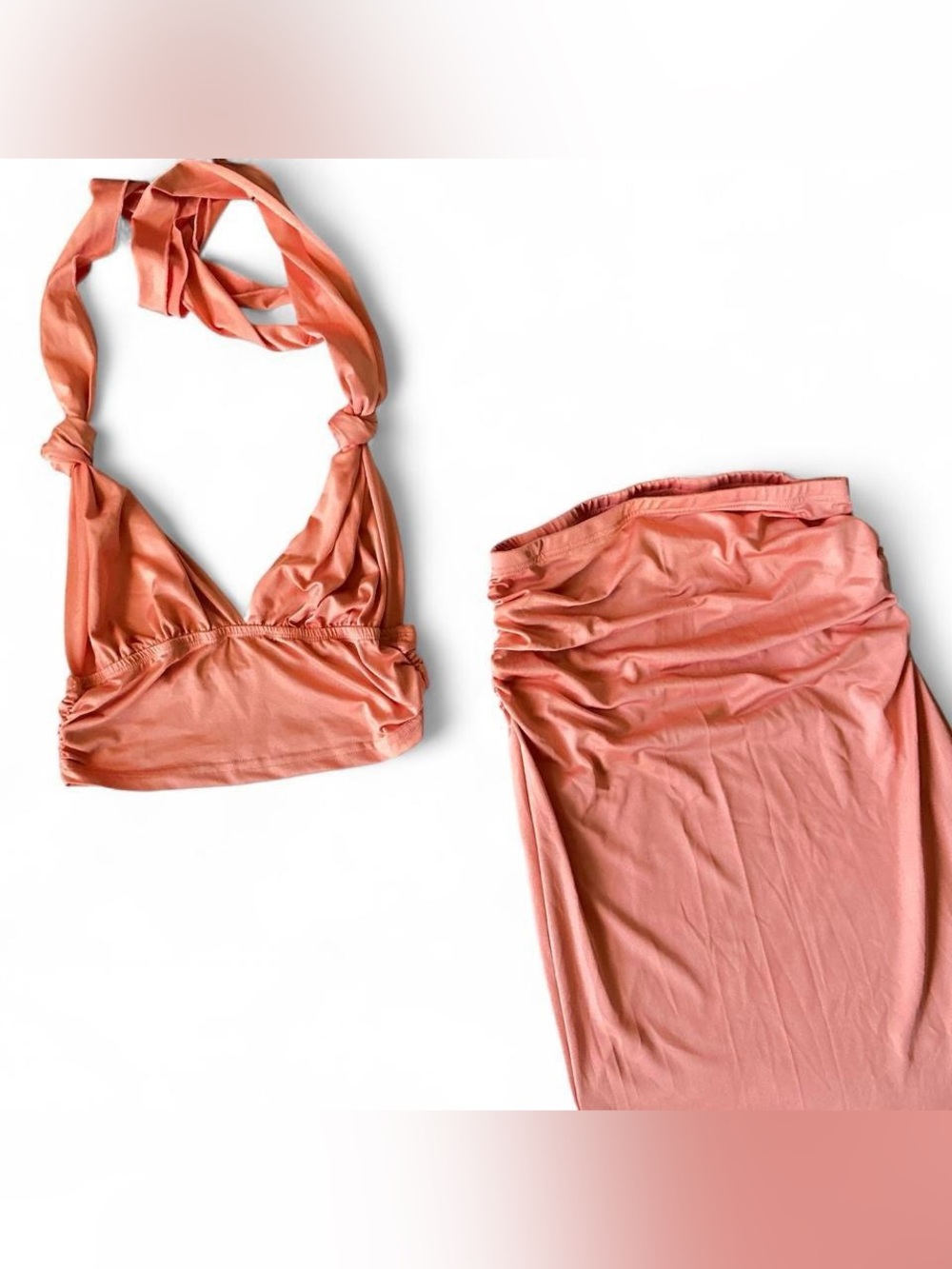 Two-Piece Halter Crop Top and Skirt Set - Coral